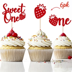 30% OFF: Strawberry 1st Birthday Glittering Cupcake Picks 6pk